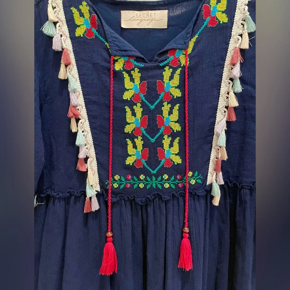 Secret Language navy embroidered tassel dress maxi medium - Picture 3 of 5